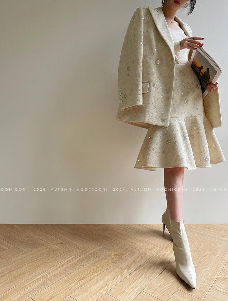 Aconiconi| Sand Star Wool Retro Tweed Skirt Suit