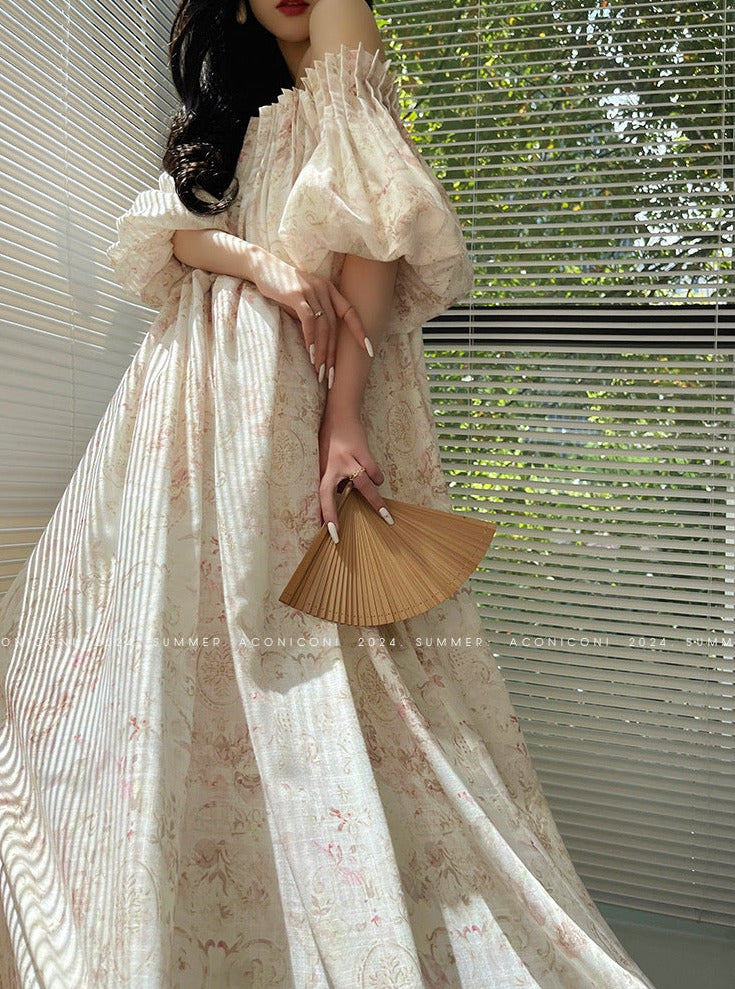 Aconiconi| French Retro Print Off-Shoulder Long Dress
