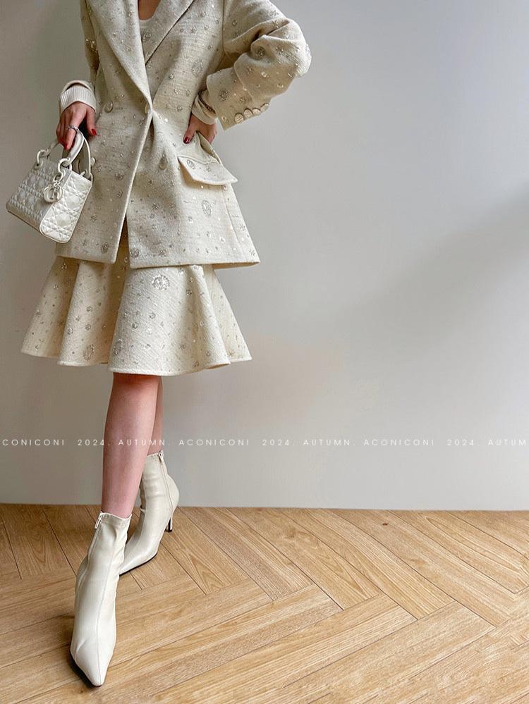 Aconiconi| Sand Star Wool Retro Tweed Skirt Suit