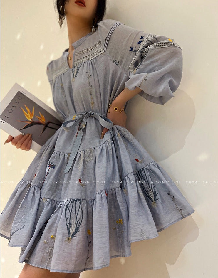 Aconiconi|Blue Hibiscus  Embroidery Linen Dress