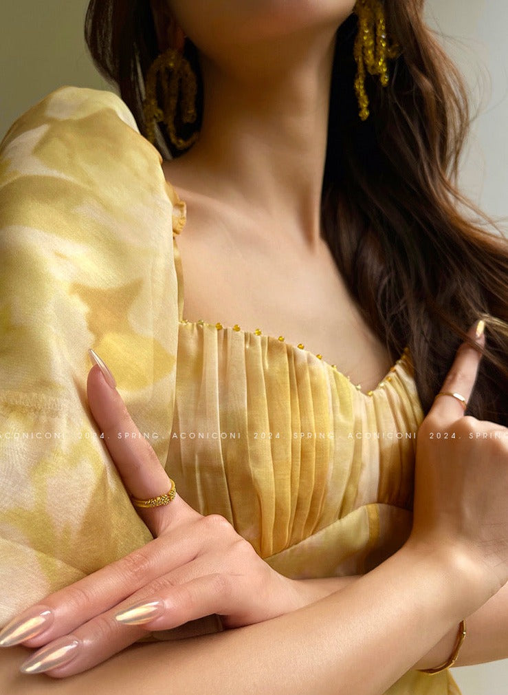 Aconiconi|Midsummer Citron Puff Sleeve Elegant Dress