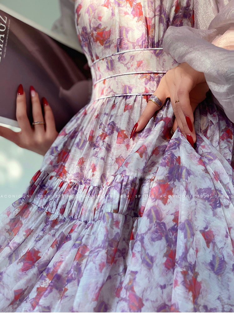 Aconiconi|Purple Hibiscus Vine Romantic Long Dress