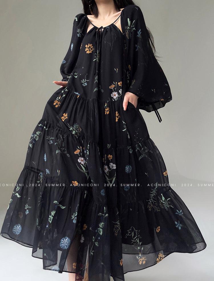 Aconiconi|Velvet Blossom Long Sleeve Dress