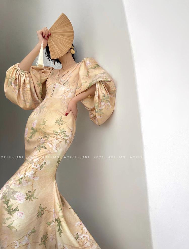 Aconiconi|Luminous Petals Retro Slim Waist Dress