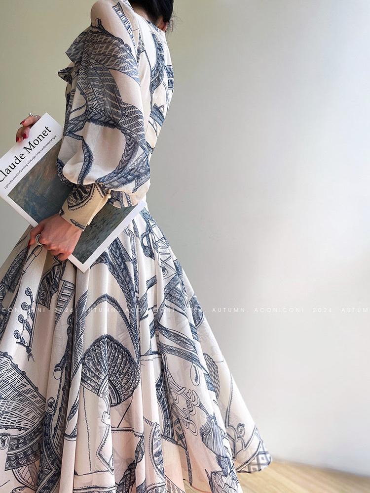 Aconiconi|Amethyst Dawn French Retro Long Sleeve Dress