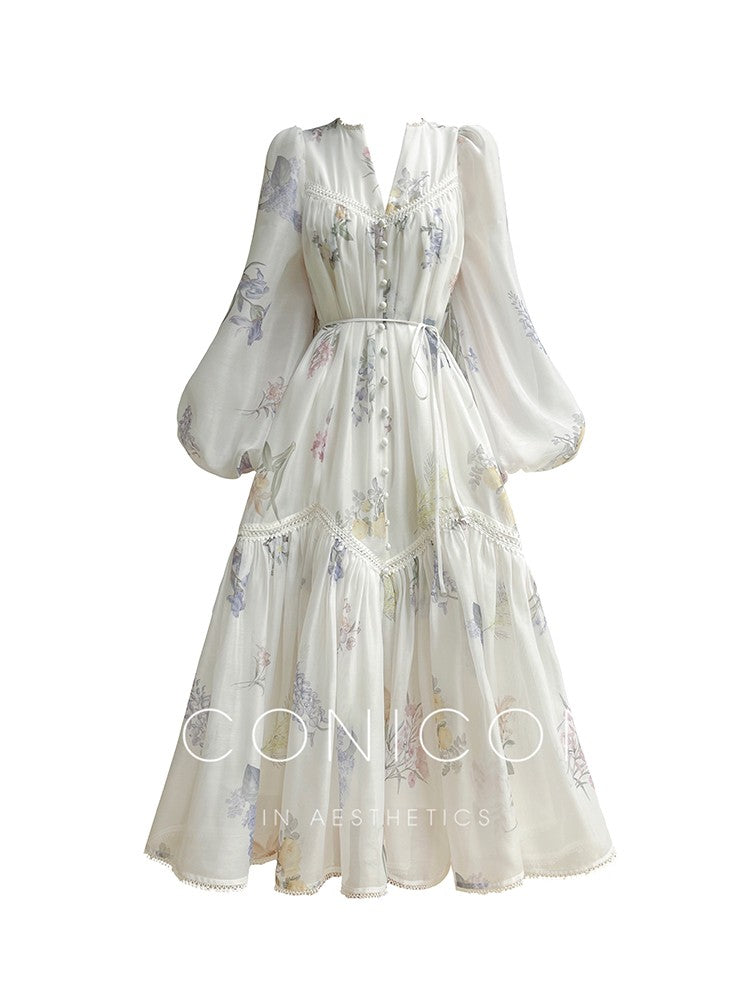Aconiconi|Daisy Dream Lace Summer Long Sleeve Long Dress