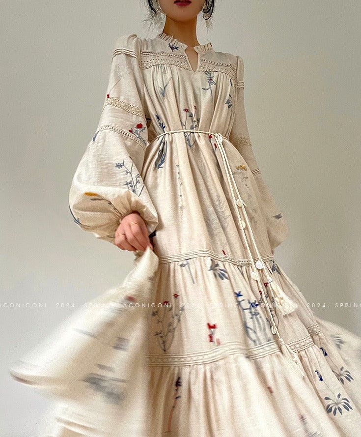 Aconiconi|Blue Hibiscus  Embroidery Linen Dress
