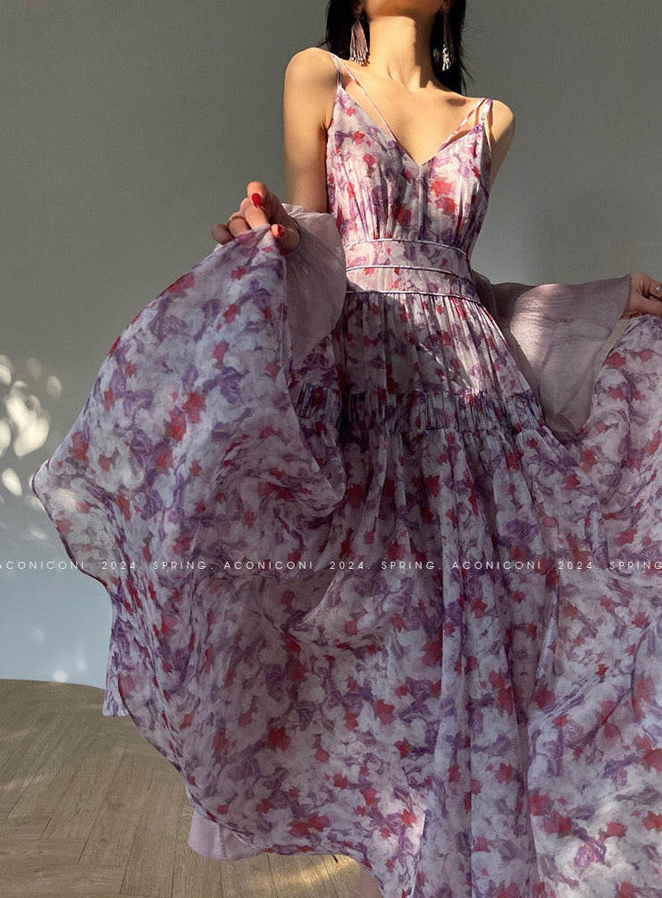 Aconiconi|Purple Hibiscus Vine Romantic Long Dress