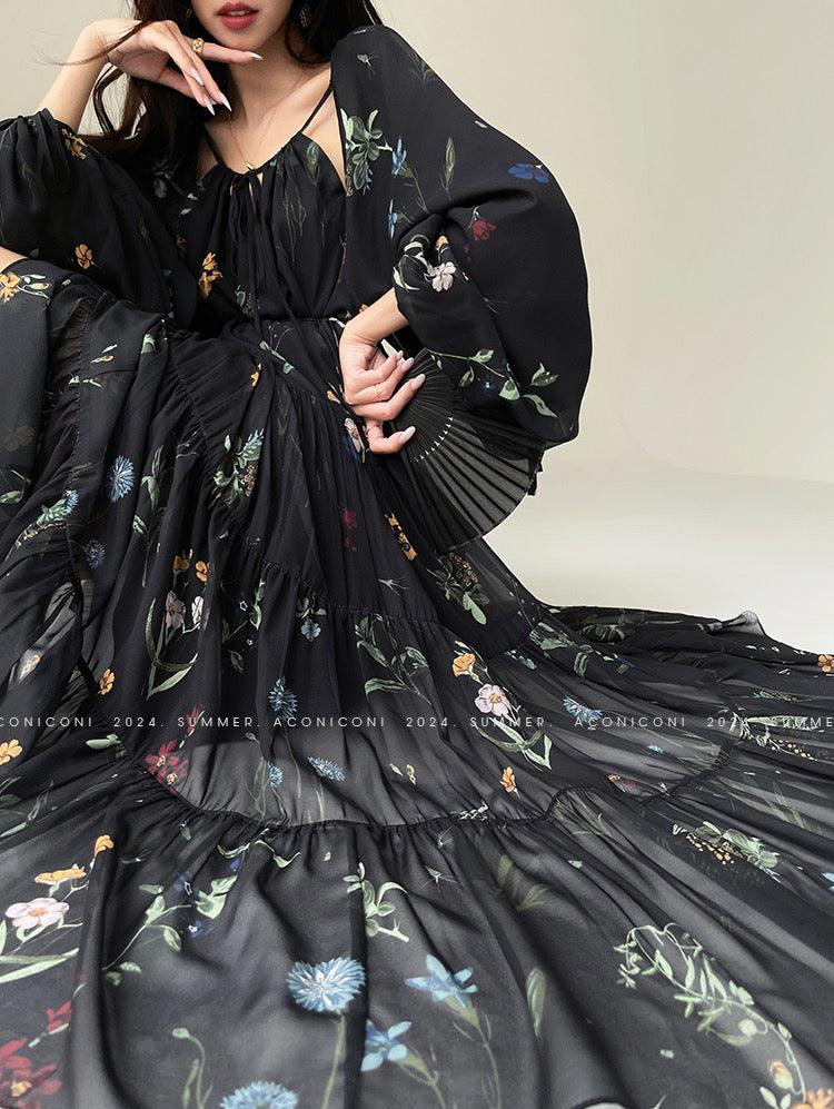 Aconiconi|Velvet Blossom Long Sleeve Dress