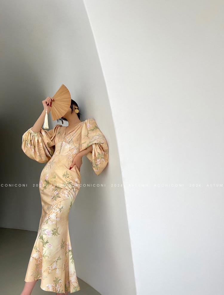 Aconiconi|Luminous Petals Retro Slim Waist Dress
