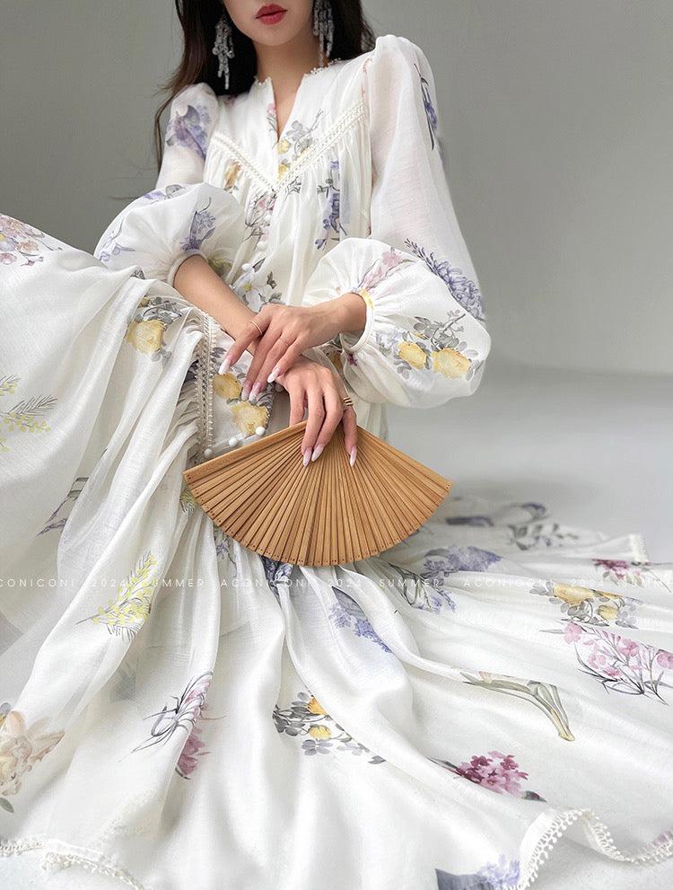 Aconiconi|Daisy Dream Lace Summer Long Sleeve Long Dress