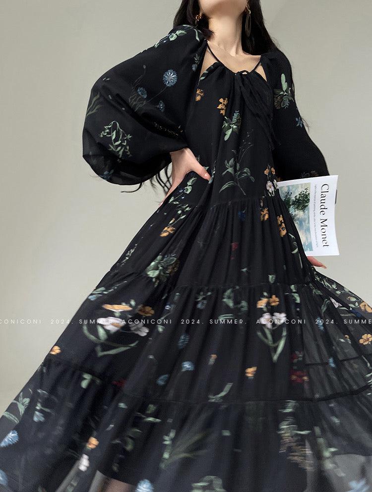 Aconiconi|Velvet Blossom Long Sleeve Dress