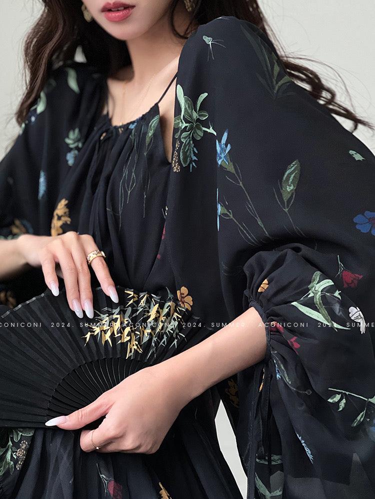 Aconiconi|Velvet Blossom Long Sleeve Dress