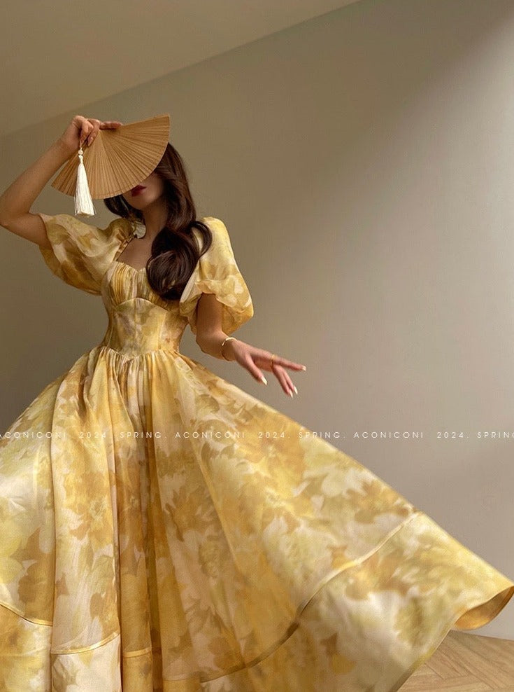 Aconiconi|Midsummer Citron Puff Sleeve Elegant Dress