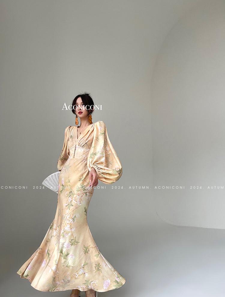 Aconiconi|Luminous Petals Retro Slim Waist Dress