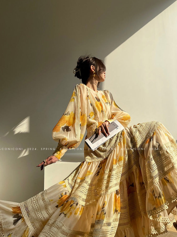 Aconiconi|Lemon Blossom Printed Lace Skirt Suit