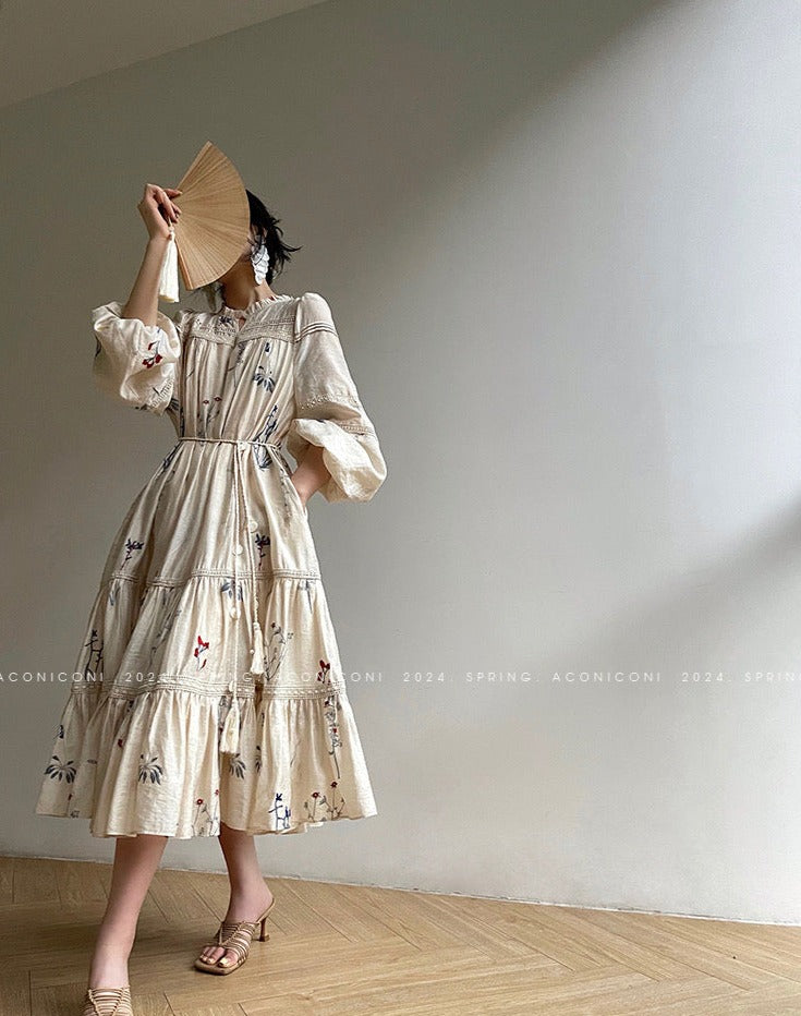 Aconiconi|Blue Hibiscus  Embroidery Linen Dress