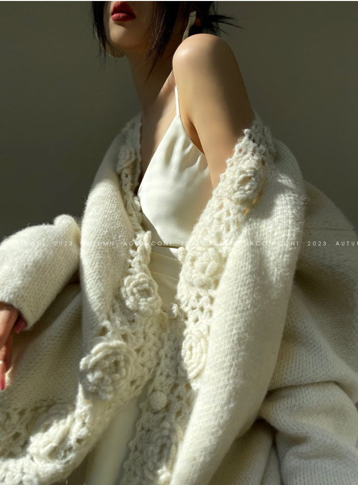 Aconiconi|Camellia Hollow Flower Wool Knit Cardigan