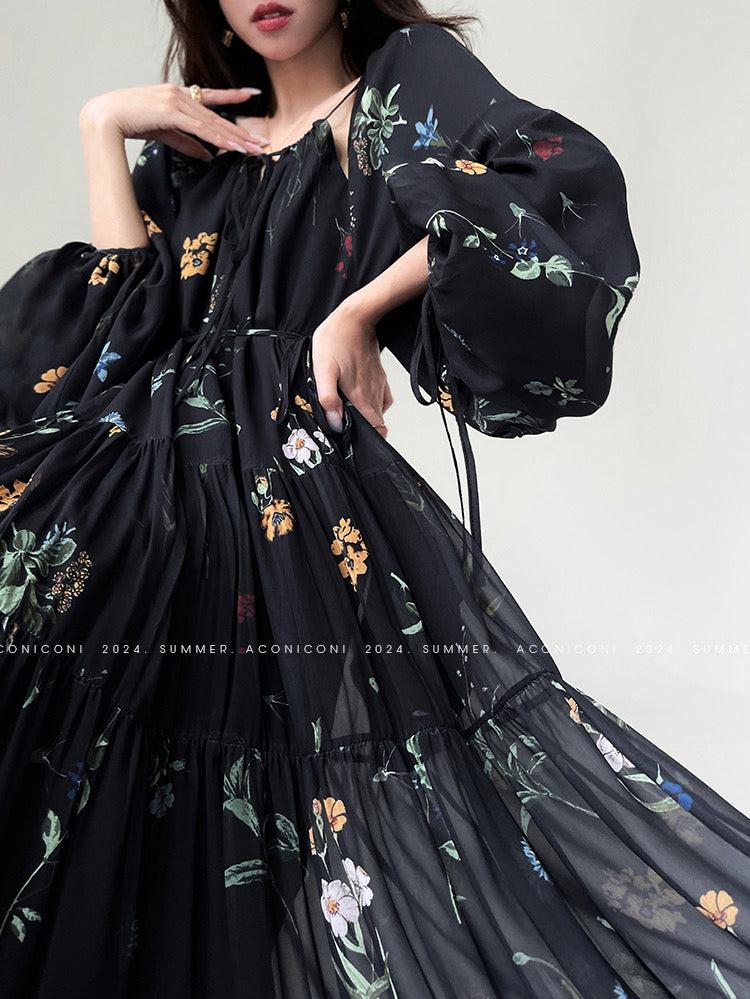 Aconiconi|Velvet Blossom Long Sleeve Dress