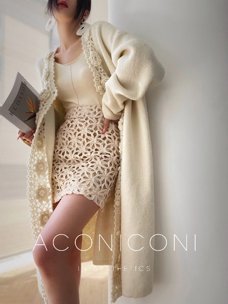 Aconiconi|Camellia Hollow Flower Wool Knit Cardigan