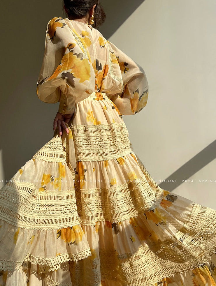 Aconiconi|Lemon Blossom Printed Lace Skirt Suit