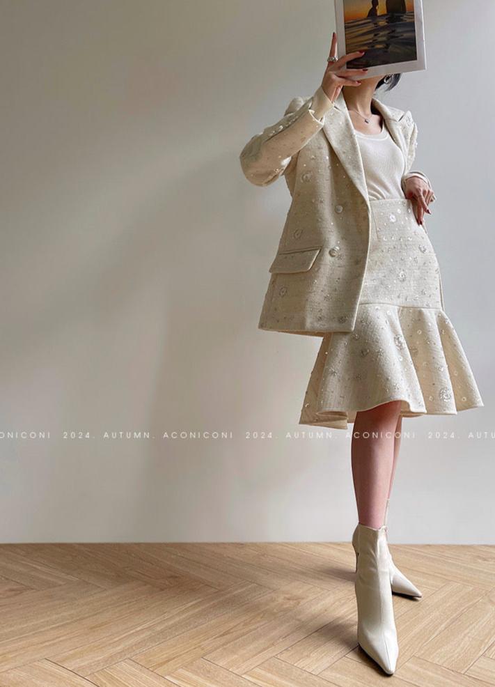Aconiconi| Sand Star Wool Retro Tweed Skirt Suit