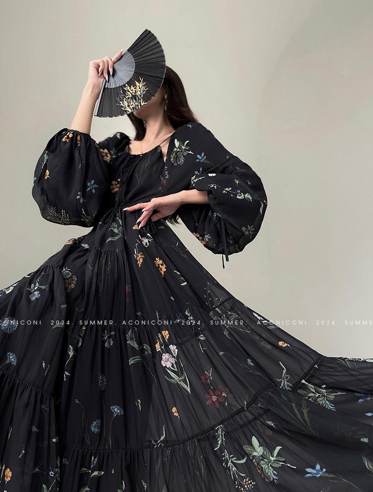 Aconiconi|Velvet Blossom Long Sleeve Dress