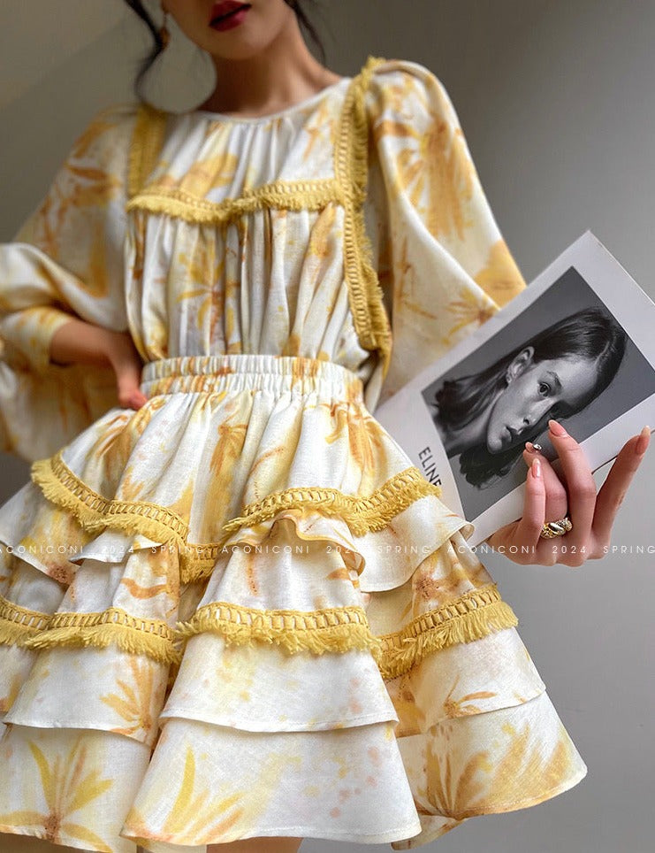 Aconiconi|Mustard Flower ruffled skirt suit