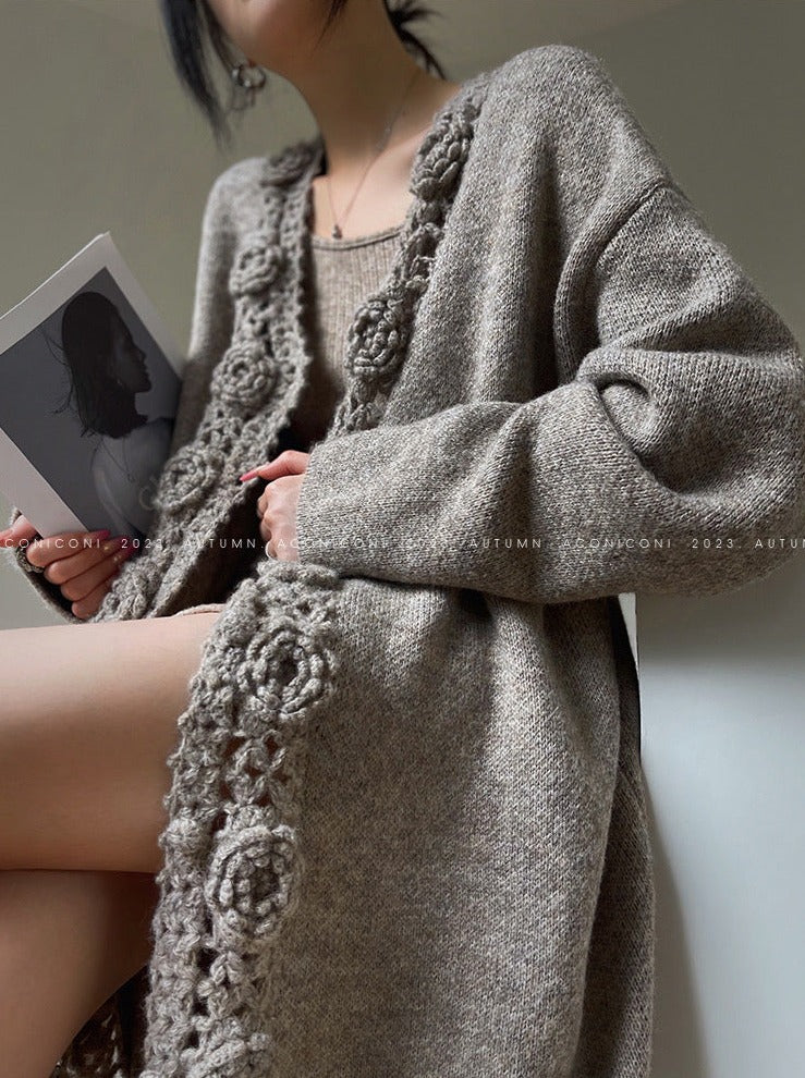 Aconiconi|Camellia Hollow Flower Wool Knit Cardigan