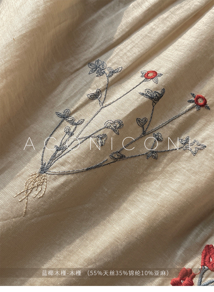 Aconiconi|Blue Hibiscus  Embroidery Linen Dress