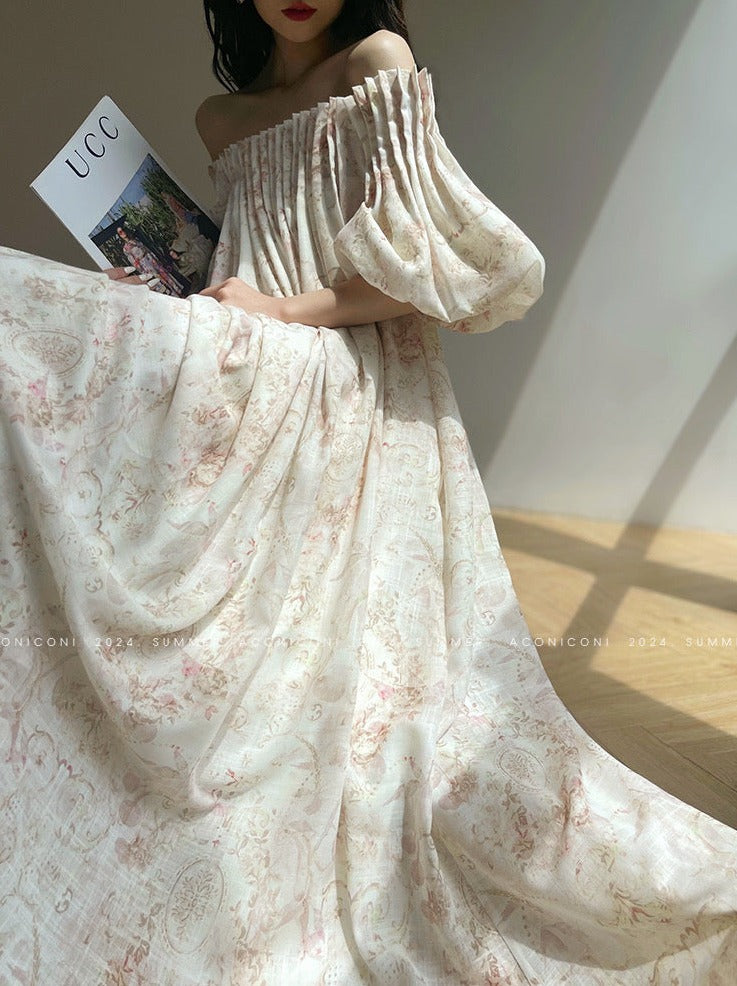 Aconiconi| French Retro Print Off-Shoulder Long Dress