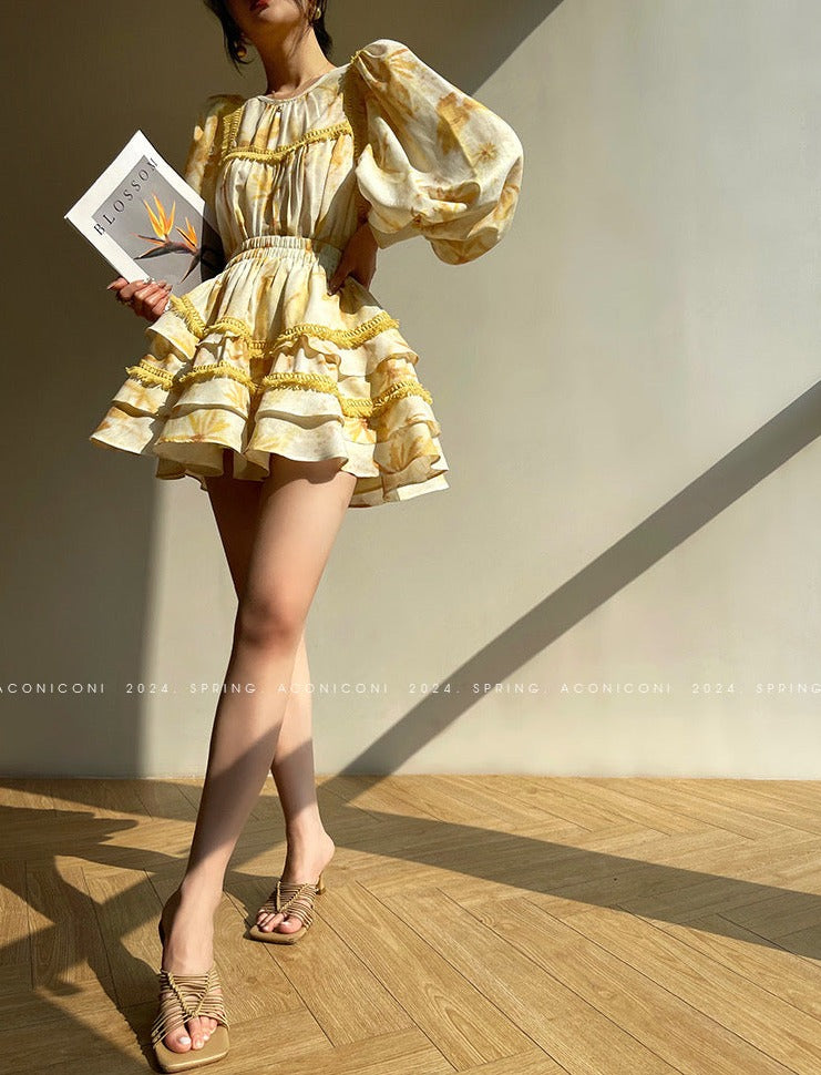 Aconiconi|Mustard Flower ruffled skirt suit