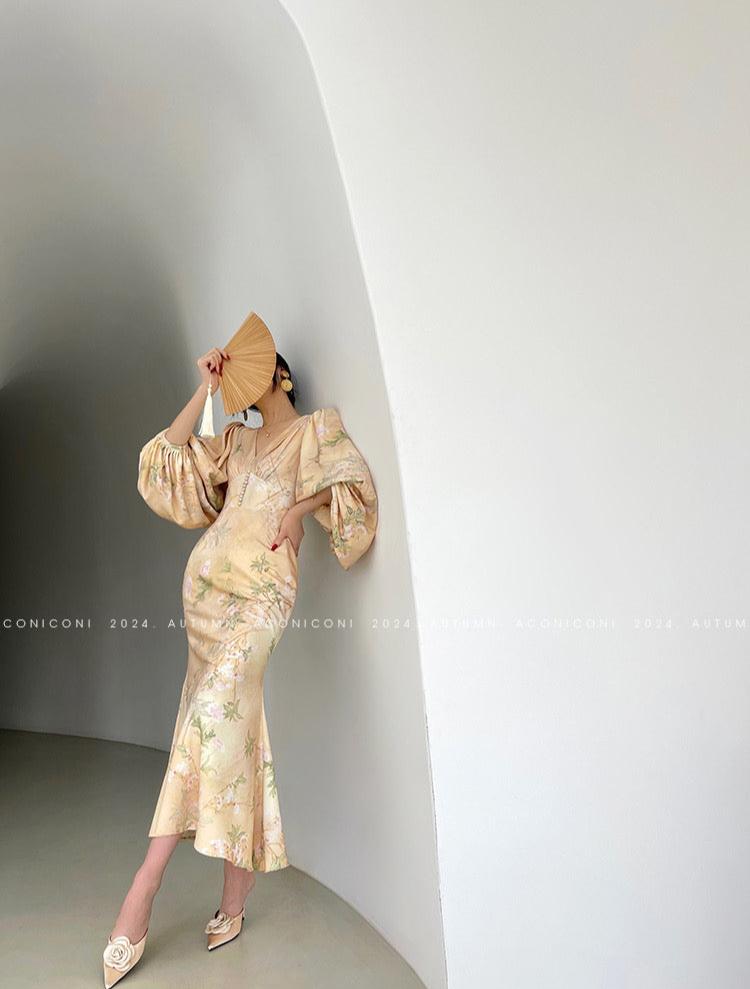 Aconiconi|Luminous Petals Retro Slim Waist Dress