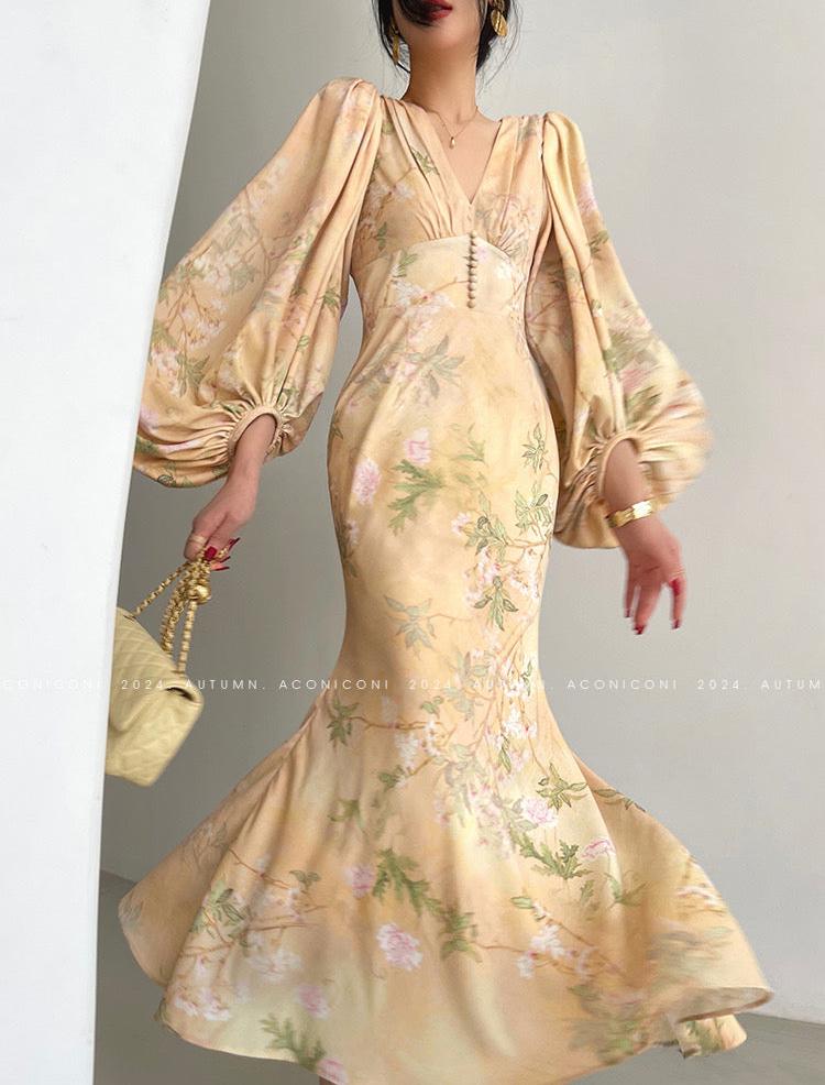 Aconiconi|Luminous Petals Retro Slim Waist Dress