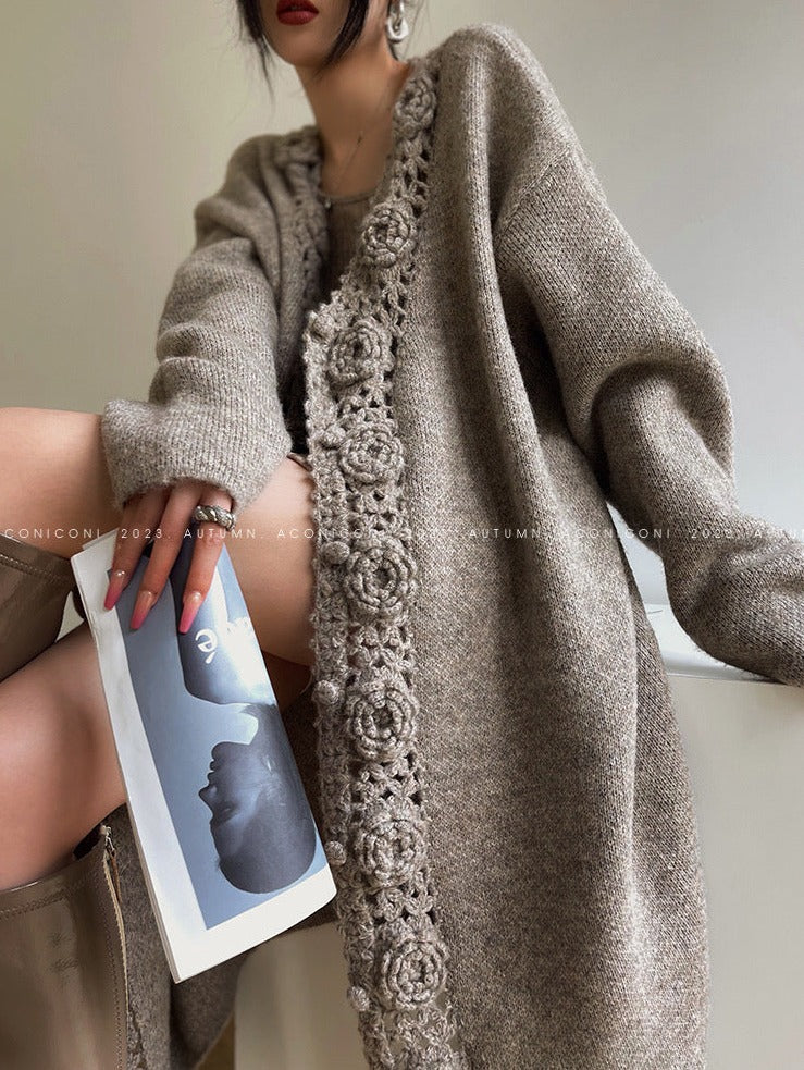 Aconiconi|Camellia Hollow Flower Wool Knit Cardigan