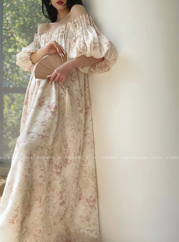 Aconiconi| French Retro Print Off-Shoulder Long Dress