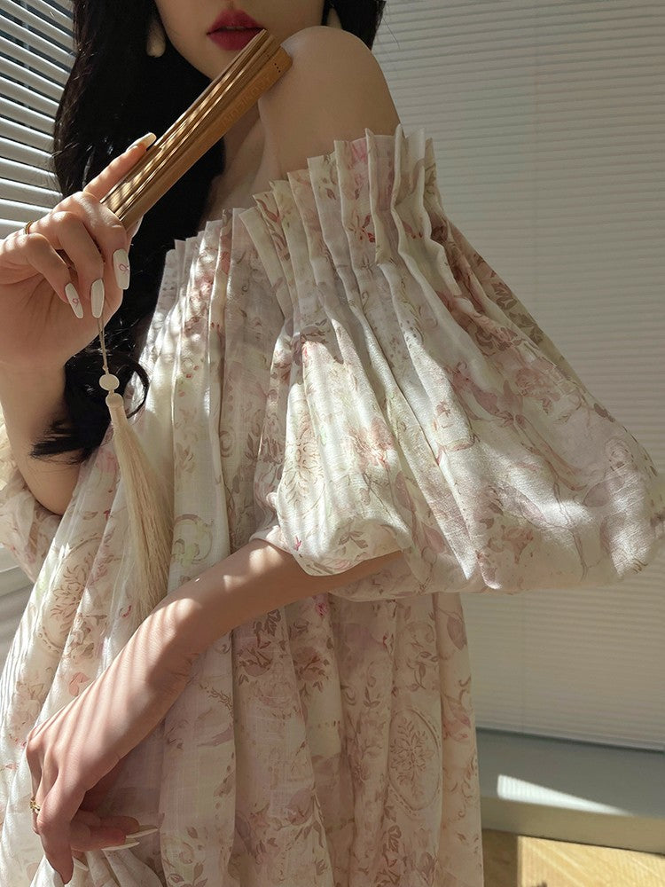 Aconiconi| French Retro Print Off-Shoulder Long Dress