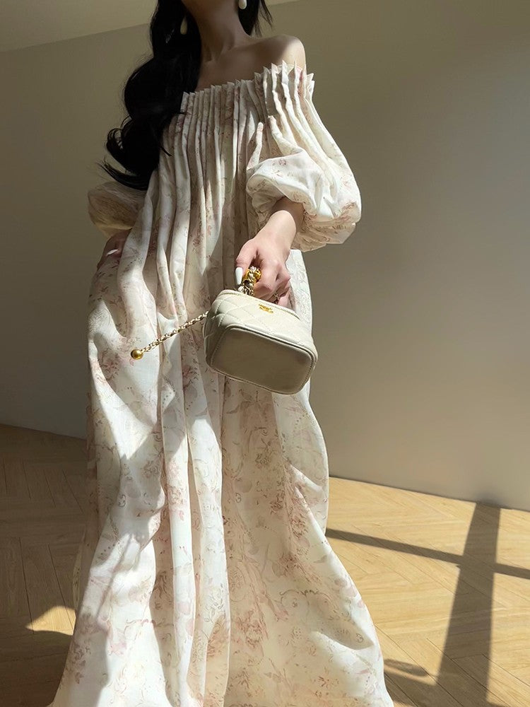 Aconiconi| French Retro Print Off-Shoulder Long Dress