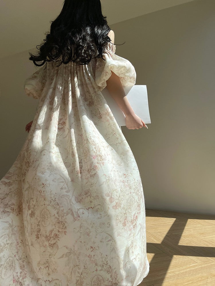 Aconiconi| French Retro Print Off-Shoulder Long Dress