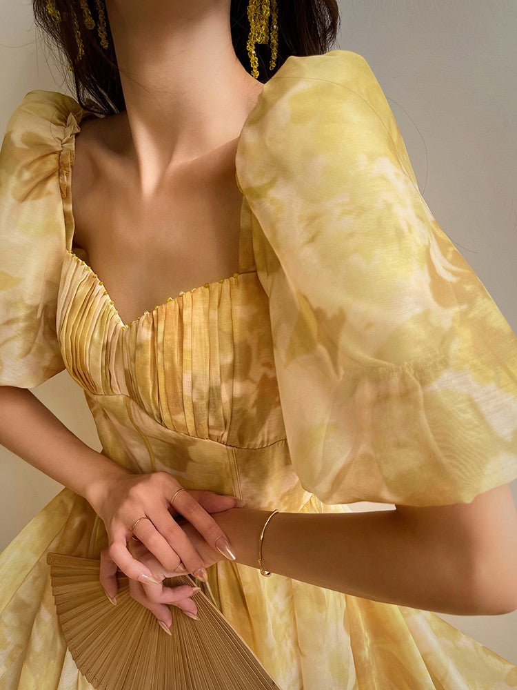 Aconiconi|Midsummer Citron Puff Sleeve Elegant Dress