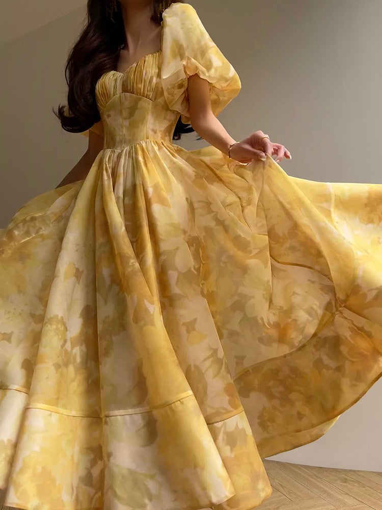 Aconiconi|Midsummer Citron Puff Sleeve Elegant Dress