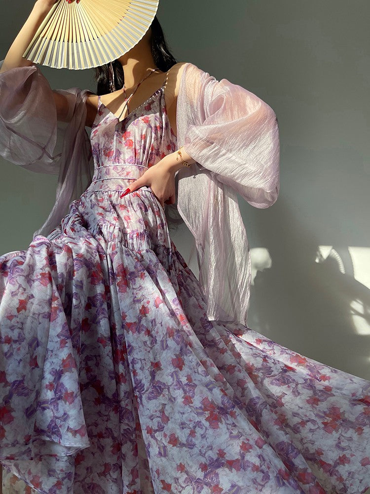Aconiconi|Purple Hibiscus Vine Romantic Long Dress