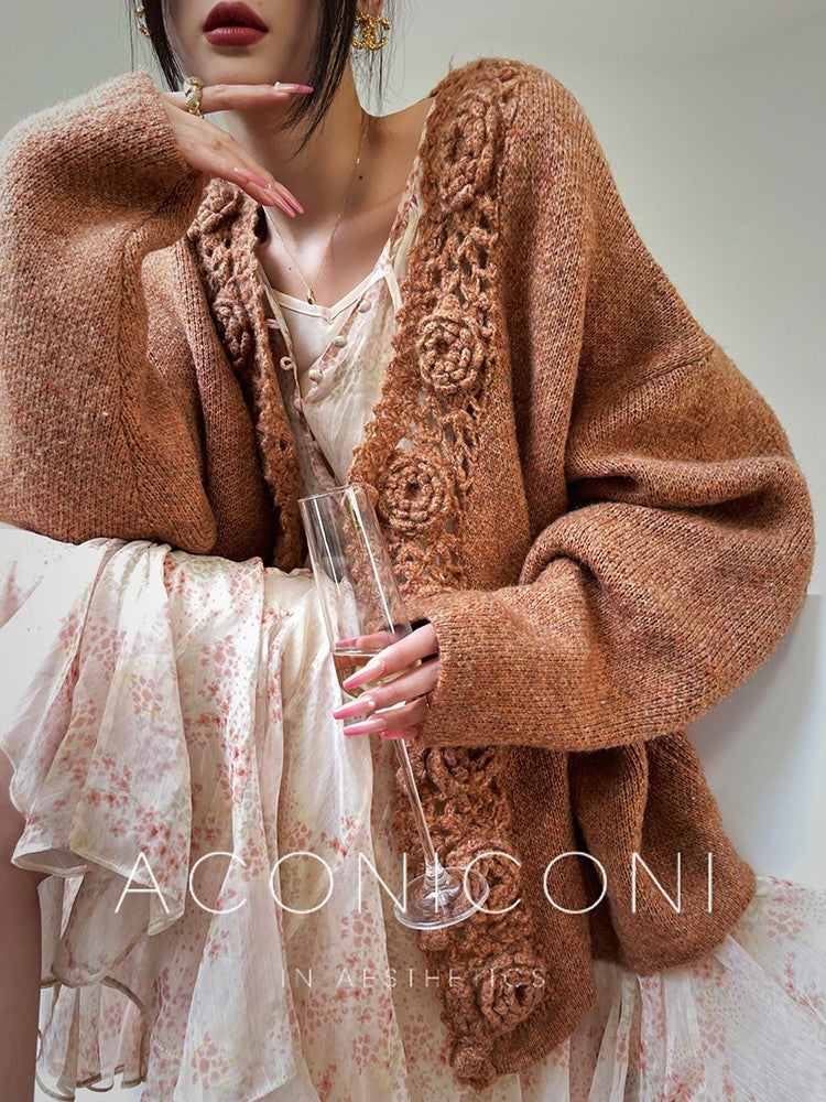 Aconiconi|Camellia Hollow Flower Wool Knit Cardigan