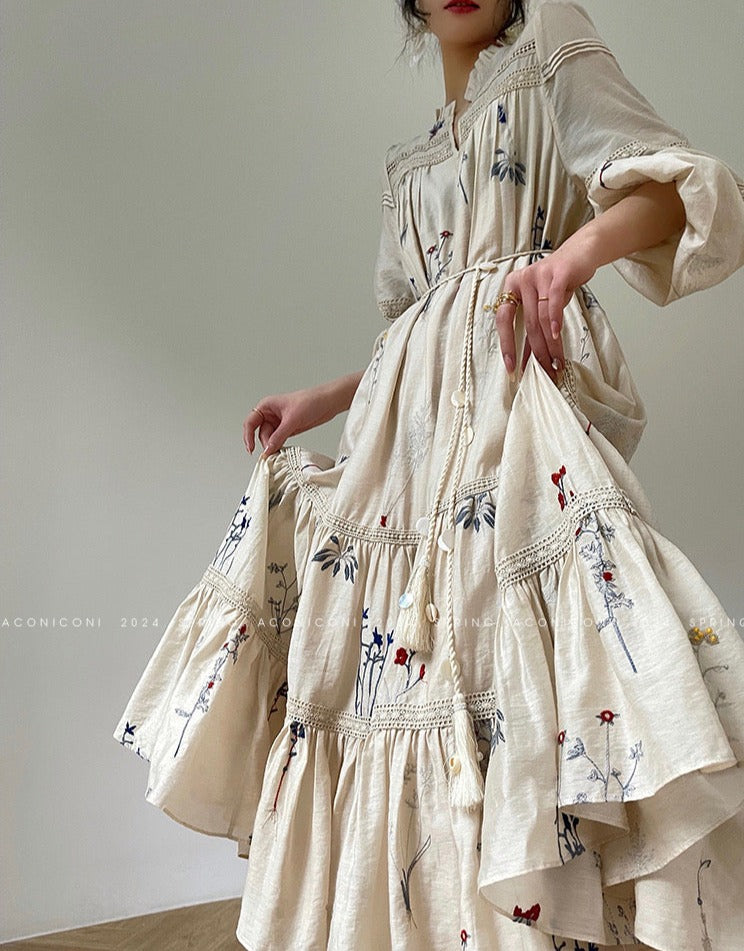 Aconiconi|Blue Hibiscus  Embroidery Linen Dress