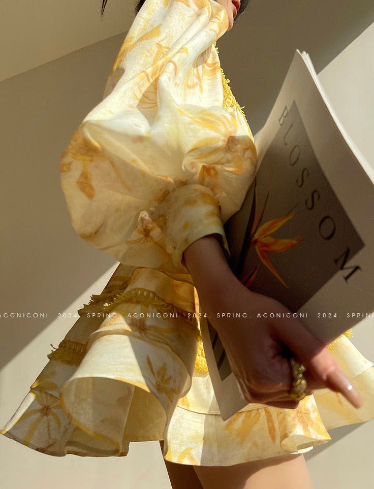 Aconiconi|Mustard Flower ruffled skirt suit