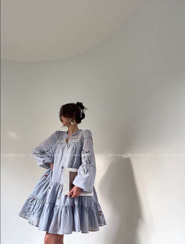 Aconiconi|Blue Hibiscus  Embroidery Linen Dress