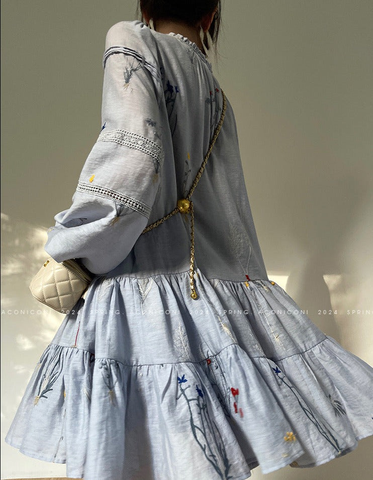 Aconiconi|Blue Hibiscus  Embroidery Linen Dress