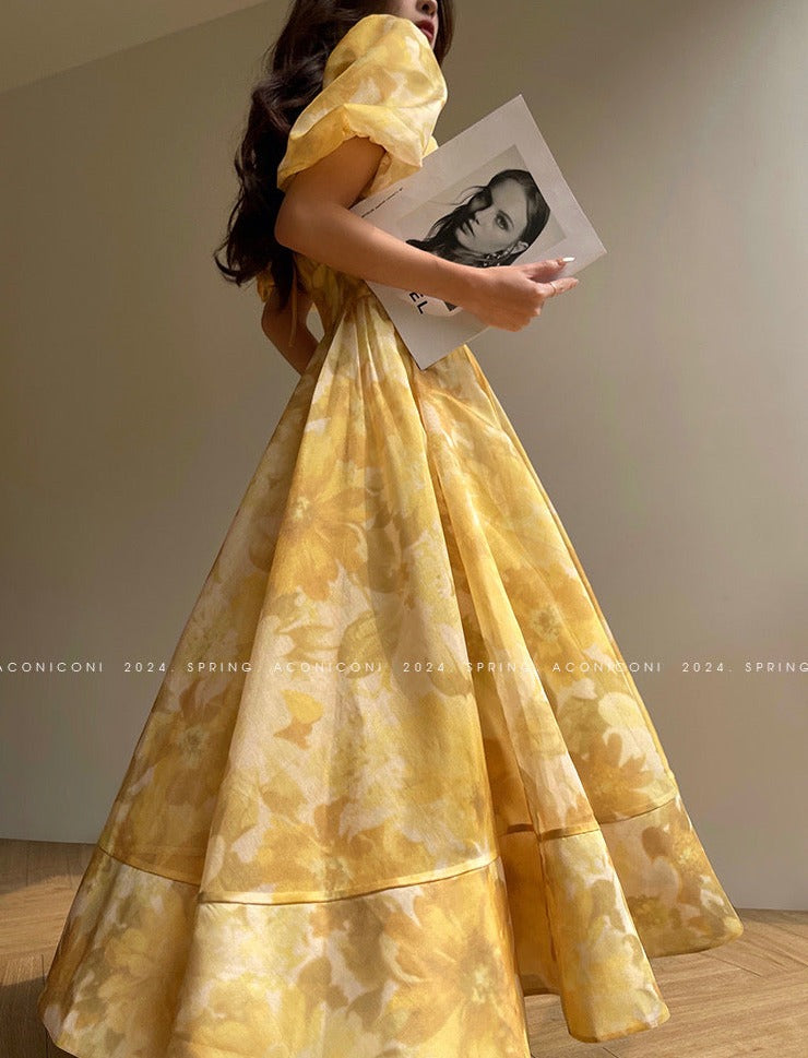 Aconiconi|Midsummer Citron Puff Sleeve Elegant Dress