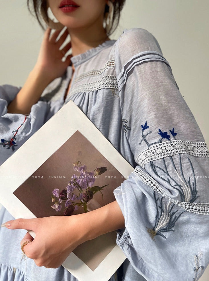 Aconiconi|Blue Hibiscus  Embroidery Linen Dress