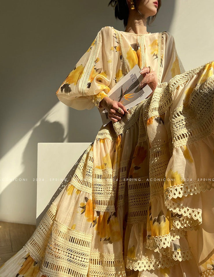 Aconiconi|Lemon Blossom Printed Lace Skirt Suit